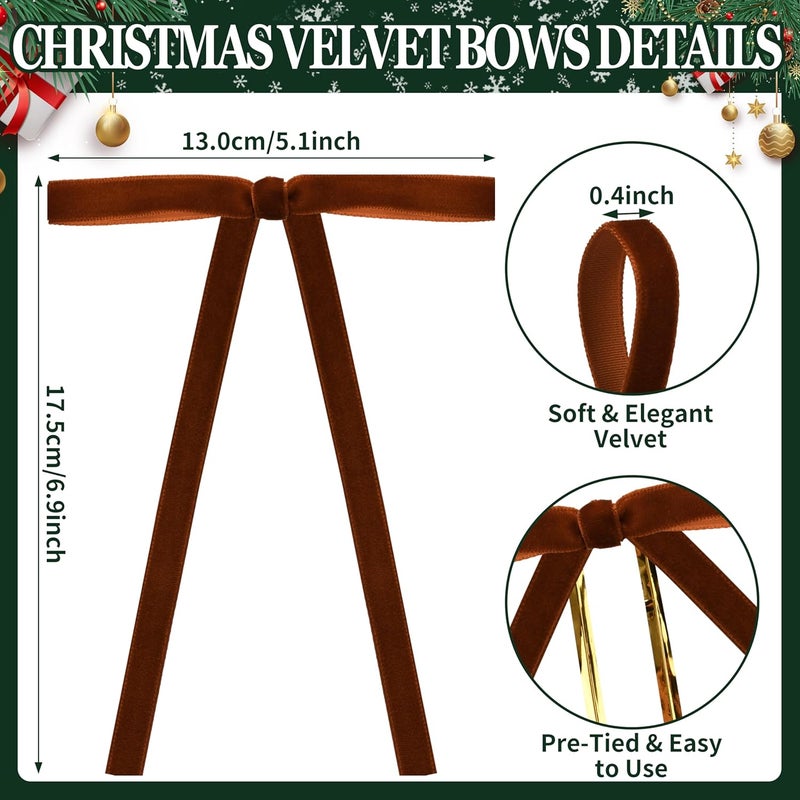 Lavwix 40Pcs Velvet Ribbon Bows, 5x7 Inch Pre-Tied Bows Christmas Ornaments for Xmas Tree, Garland, Wreath, Gift and Holiday Home Décor (5 x 7 Inch, Width of 3/8", Brown) - Image 2